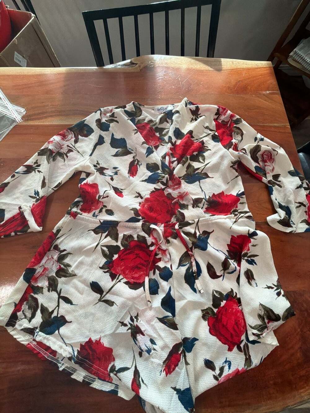 Long Sleeve Rose Print Wrap Front Playsuit